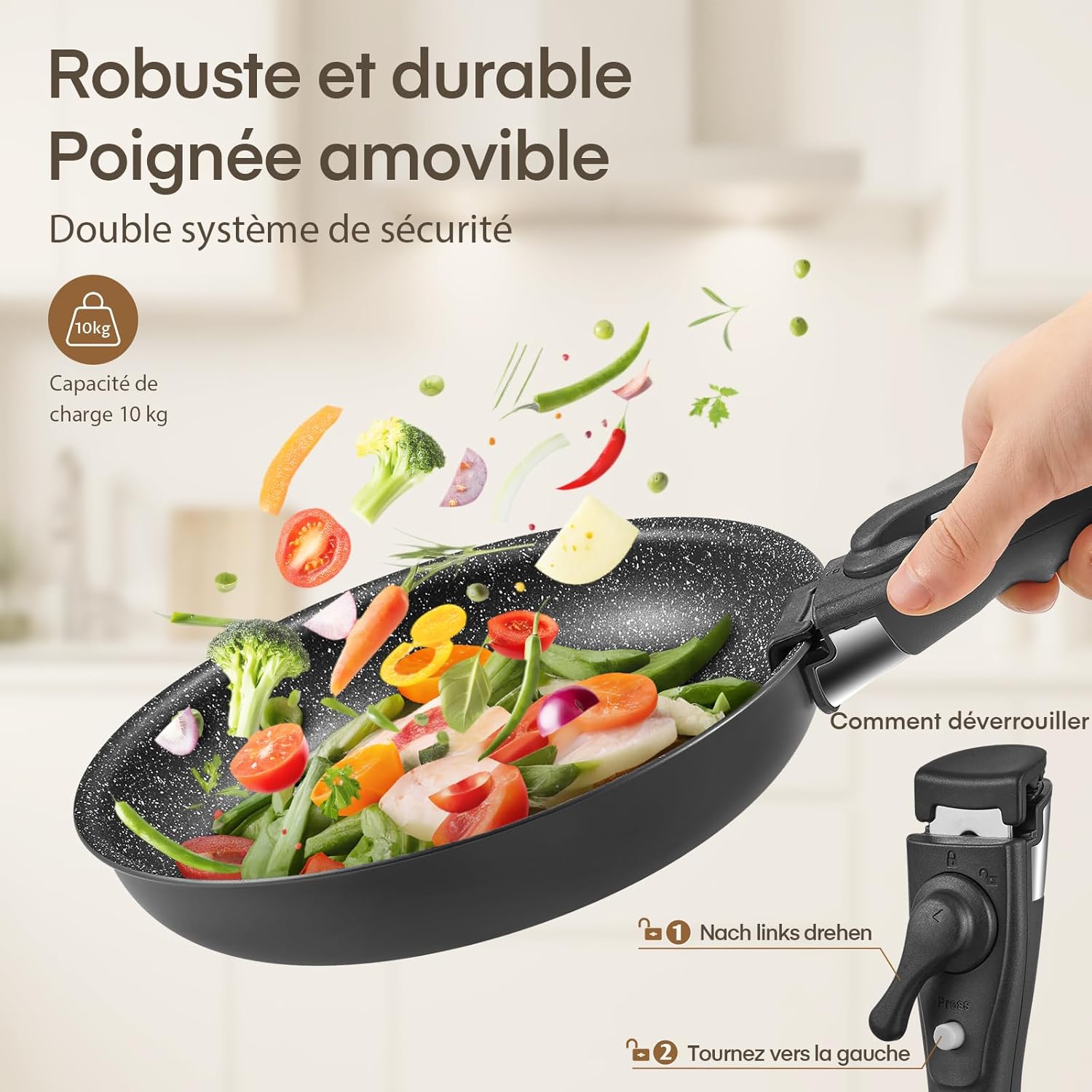 Fadware - lot de poêles 20/24/28 cm - poignée amovible, induction, antiadhésif