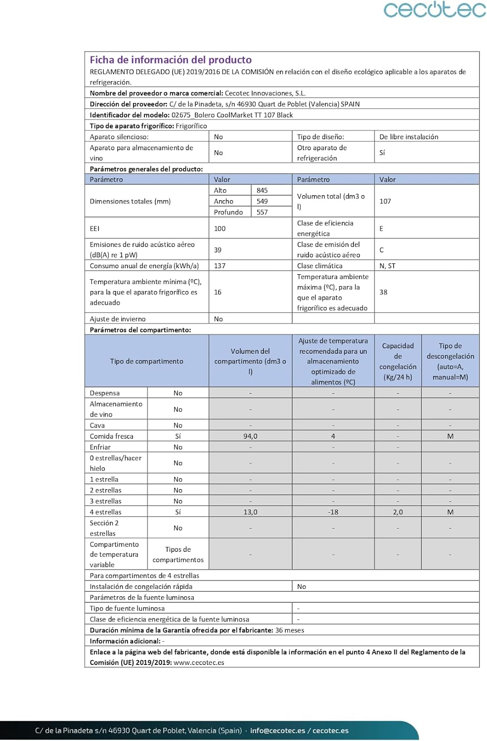 Cecotec - Bolero CoolMarket TT 107 - 107L - mini frigo, congélateur, silencieux, classe E