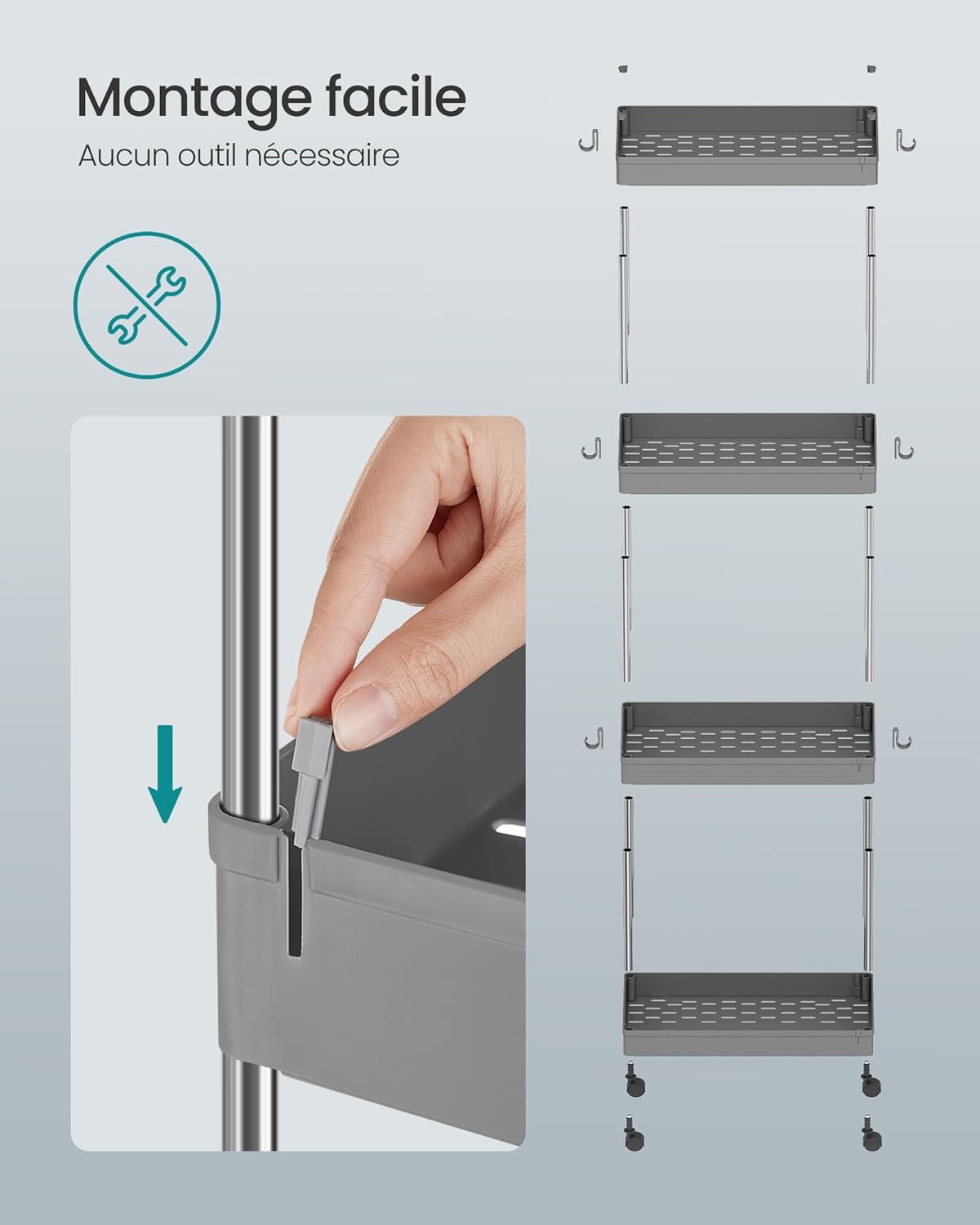 SONGMICS - chariot cuisine 4 niveaux - 23,6x42x86cm - acier, 6 crochets KSC010G01
