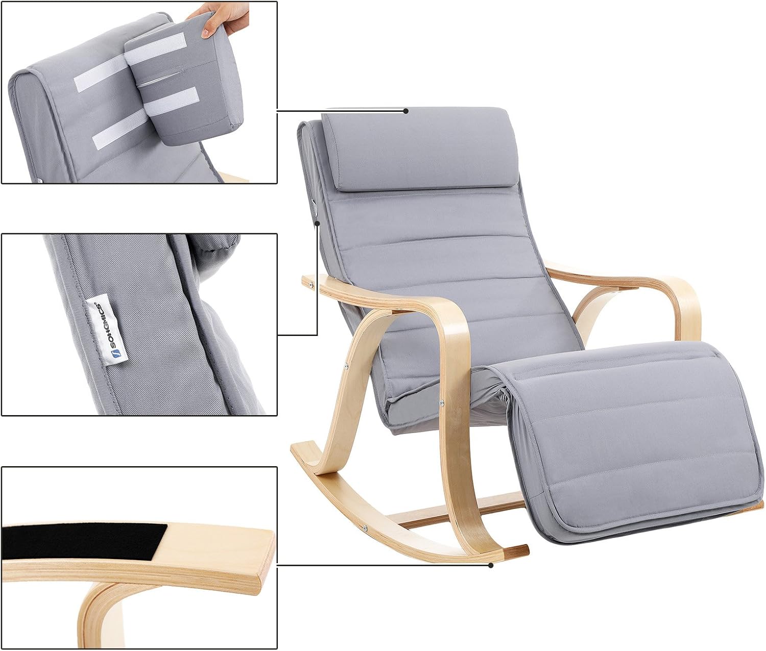 SONGMICS - fauteuil à bascule, bois et tissu, 125x67x91cm, 5 positions, LYY41G