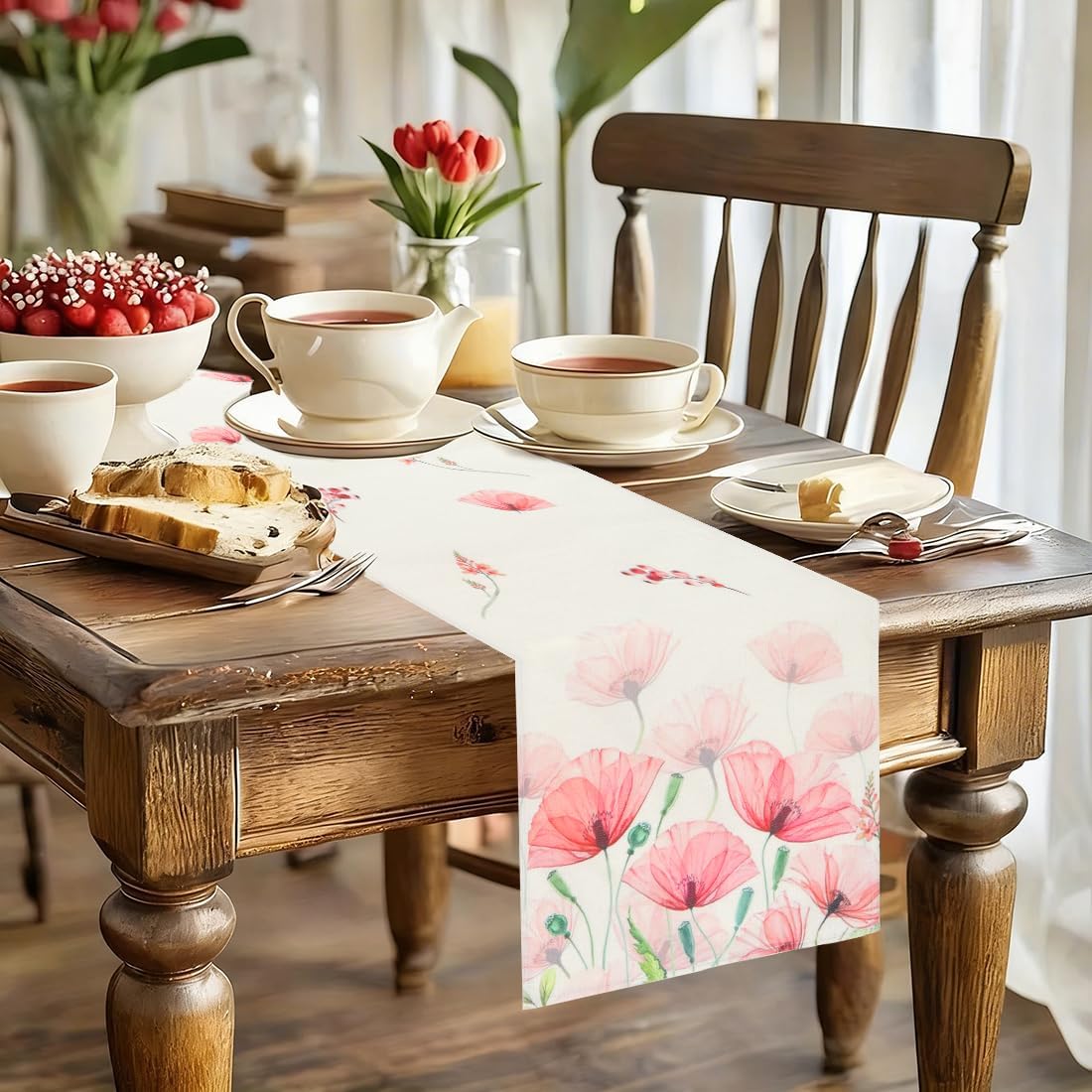 Chemin de table fleuri, lavable, 33x180 cm, pour cuisine et salon