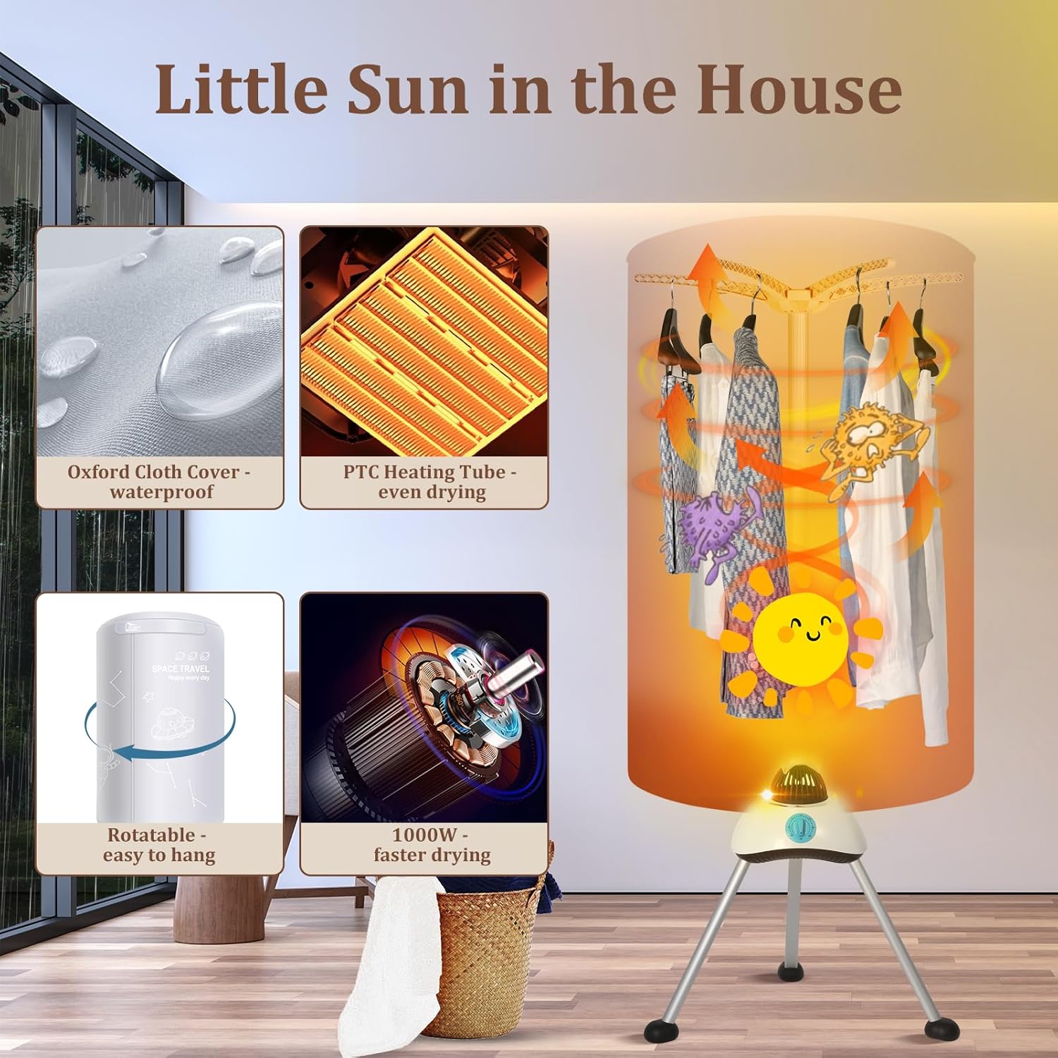 Sèche-linge électrique - 140cm - 1000W, minuterie, 2 couches