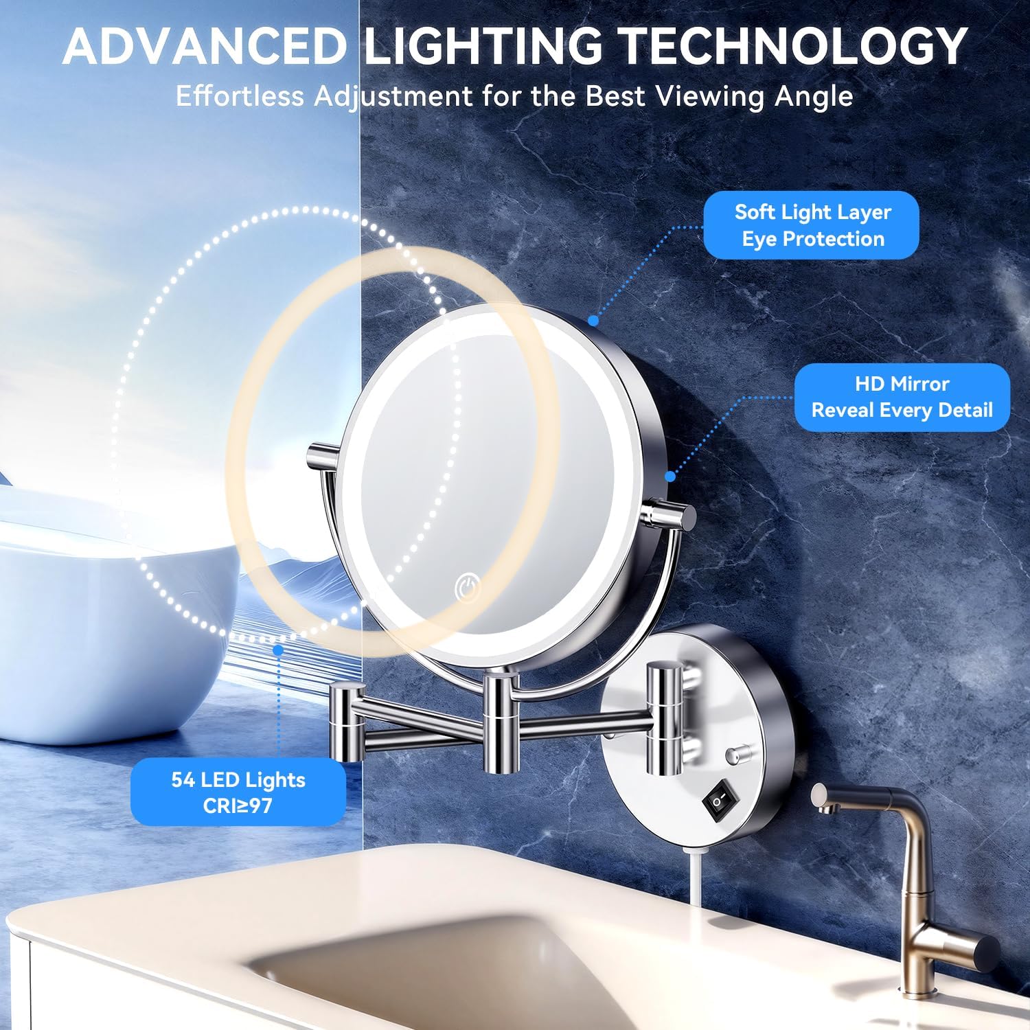 Auxmir - miroir mural série lumineuse - 8 pouces - 1X/30X grossissant, 3 couleurs, tactile, 360° pivotant, branchement E