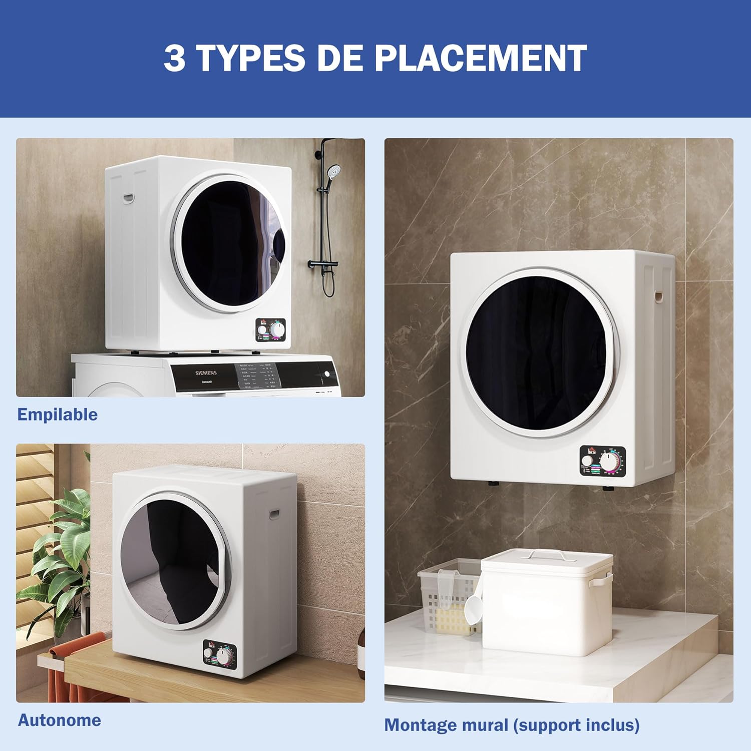 HOMCOM - sèche-linge 4kg, 850W, 4 modes, mural, inox, compact