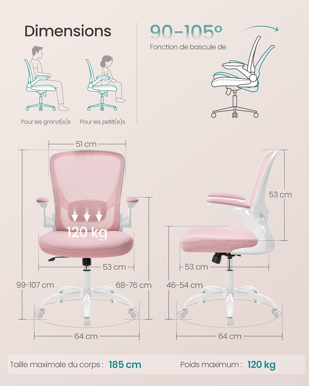 SONGMICS - chaise de bureau - 53 cm - ergonomique, maille, accoudoirs rabattables, support lombaire, OBN037R01