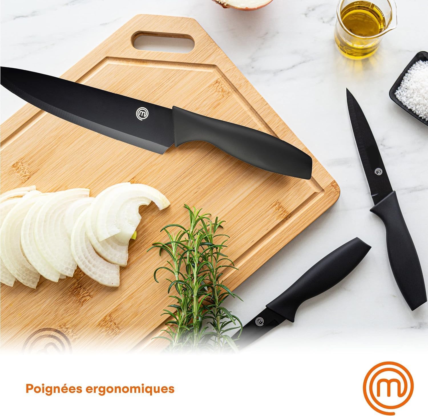 MasterChef - Set couteaux cuisine, 5 pièces, inox, revêtement antiadhésif, manche ergonomique