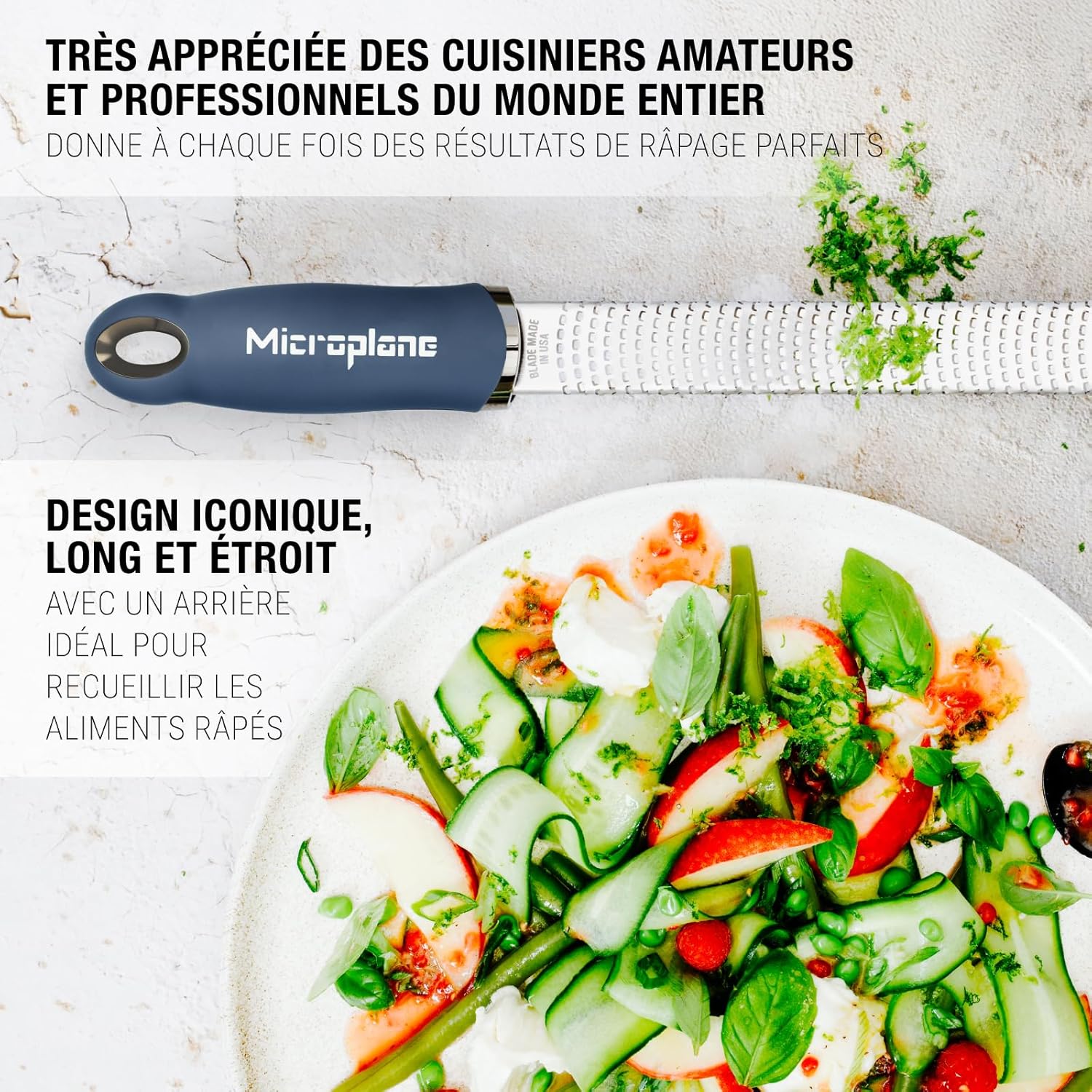 Microplane - Râpe à zesteur série fine - bleu denim - lame fine, usage agrumes, parmesan, gingembre, chocolat, noix de m