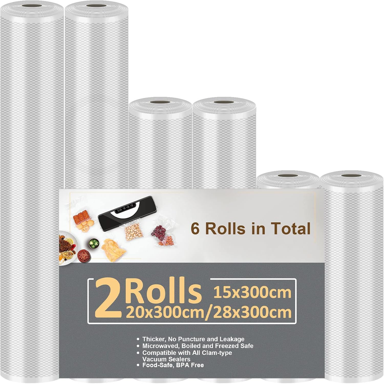 Rouleau sous vide alimentaire - 6 packs, 3 tailles, compatible machines, 28x300cm, 20x300cm, 15x300cm