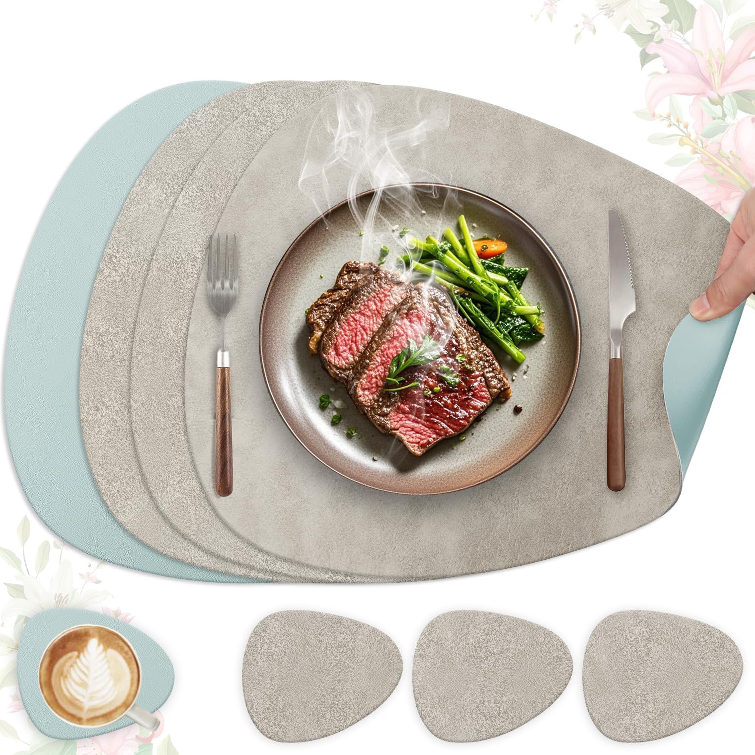 Set de table - lot de 4, cuir PU double face, 41x33cm, lavable, antidérapant, gris clair/bleu clair