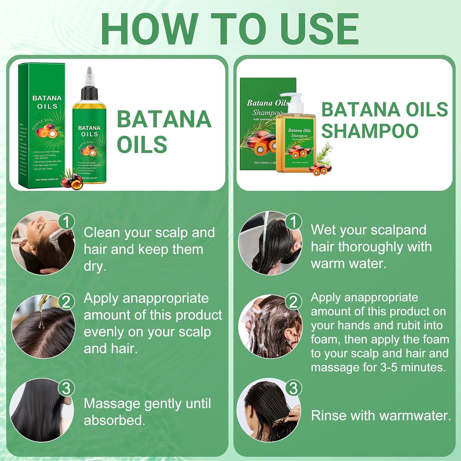 Shampoing à l'huile de Batana - set 2 pièces - hydratation, nutrition et réparation cheveux