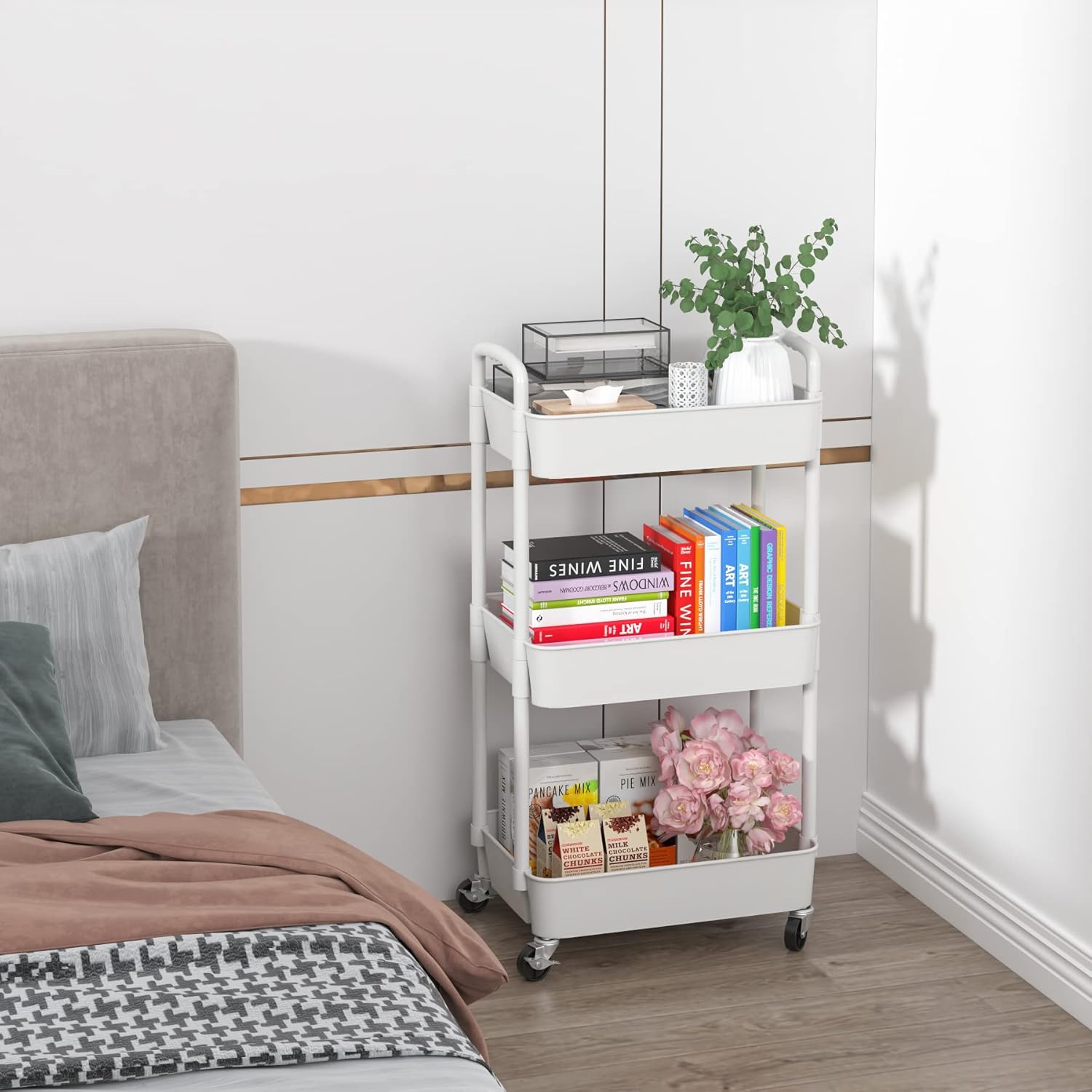 Sywhitta - chariot rangement 3 couches 39x29x76cm, roulettes, blanc