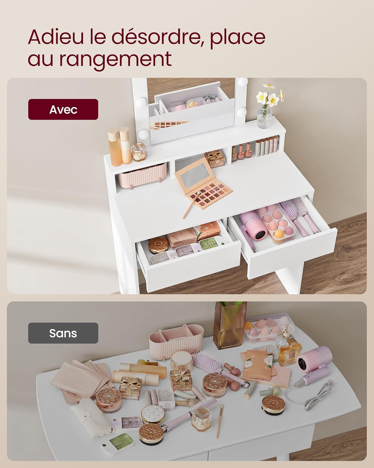 VASAGLE - Kailyn Collection - coiffeuse LED, 2 tiroirs, 3 compartiments, style moderne, blanc - RDT114WB01