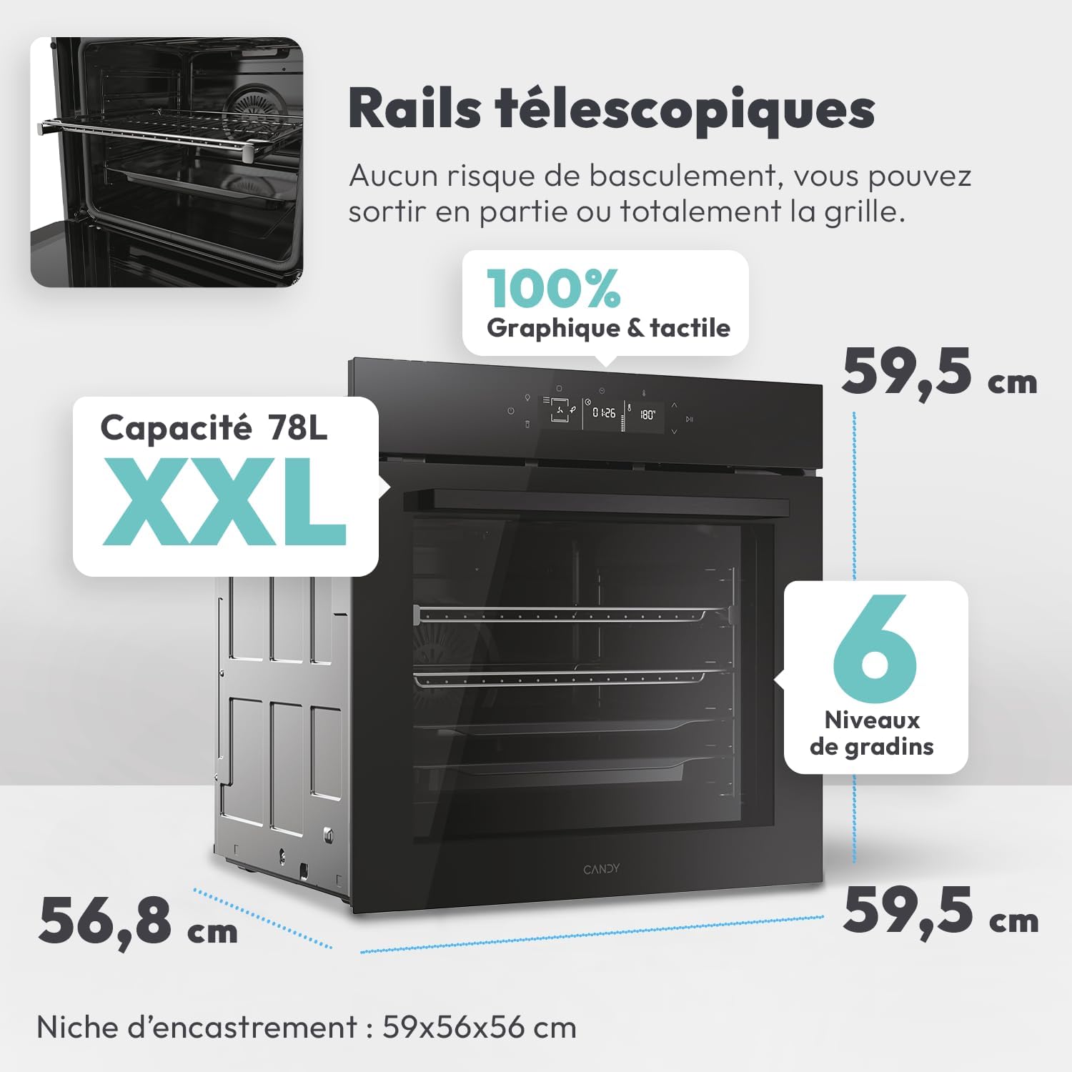 Candy - Four encastrable série pyrolyse 78L, 6 modes, tactile, A++ - 59,5x59,5x56,8 cm