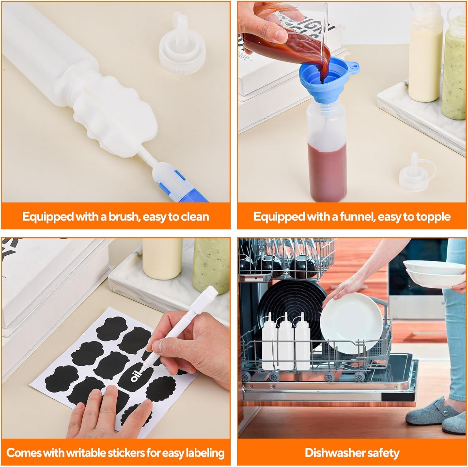 Bouteilles à presser - lot de 4 - 250 ml - plastique alimentaire, multifonction