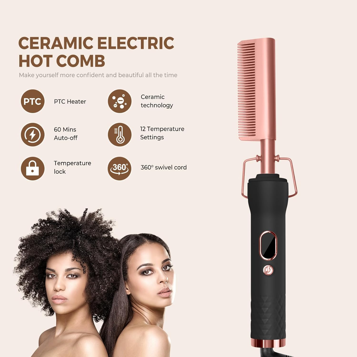 UKLISS - Peigne lissant 3 en 1 - LCD, 120-230°C, barbe et cheveux