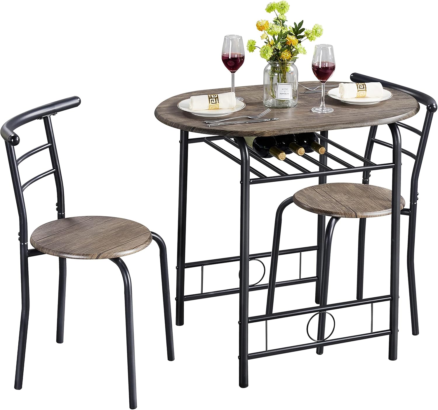 Yaheetech - ensemble table à manger 3 pièces - bois gris/noir - porte-bouteilles, compact