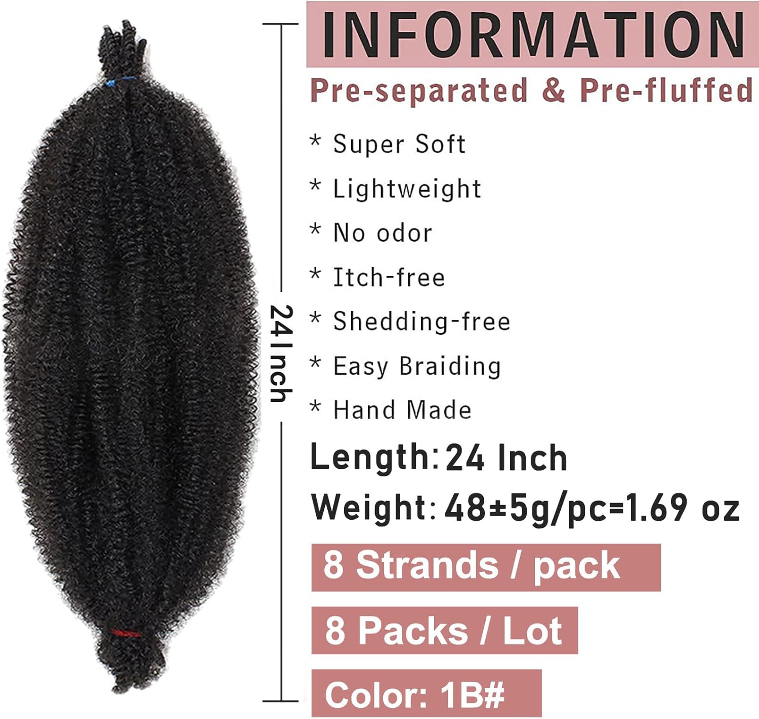 Xtrend - cheveux afro torsadés, 61 cm, synthétiques, lot de 8, 1B#