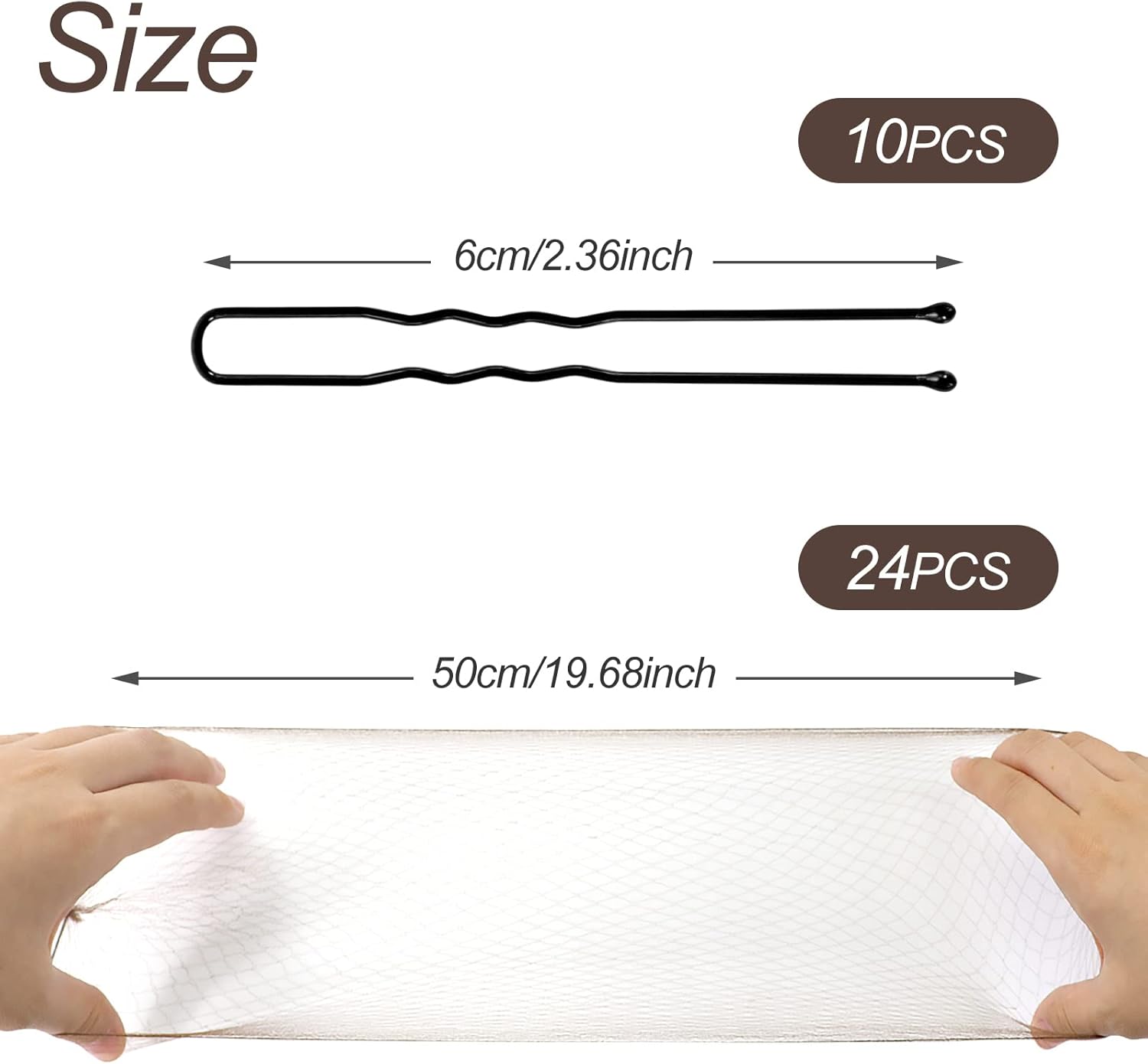 Filets à cheveux - élastiques invisibles, 24 pièces, 10 pinces U, marron, maille ballet