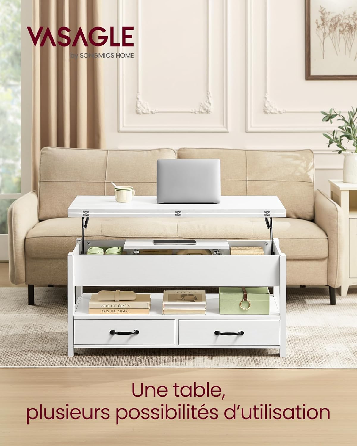 VASAGLE - Table basse relevable, 2 tiroirs, 3 compartiments, blanc, LCT254W02
