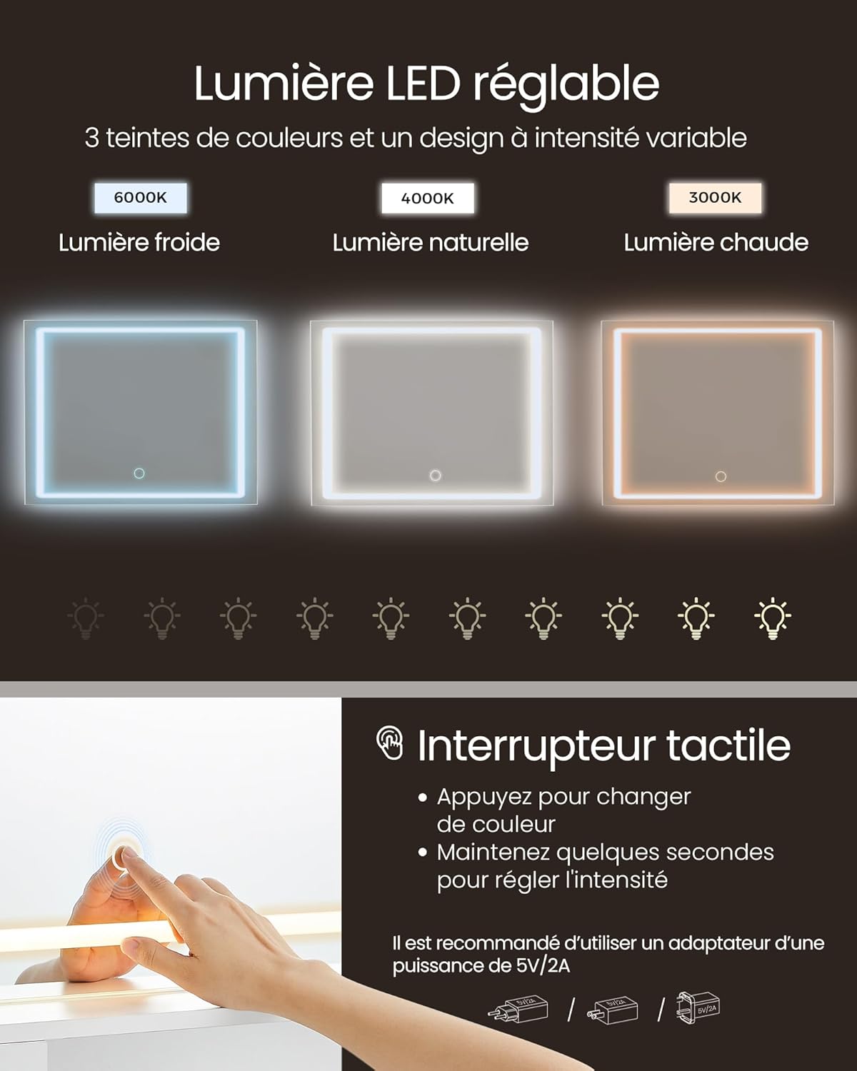 VASAGLE - KAILYN - 110 cm - Coiffeuse LED, 3 éclairages, tiroir, multiprise, RDT634WB01