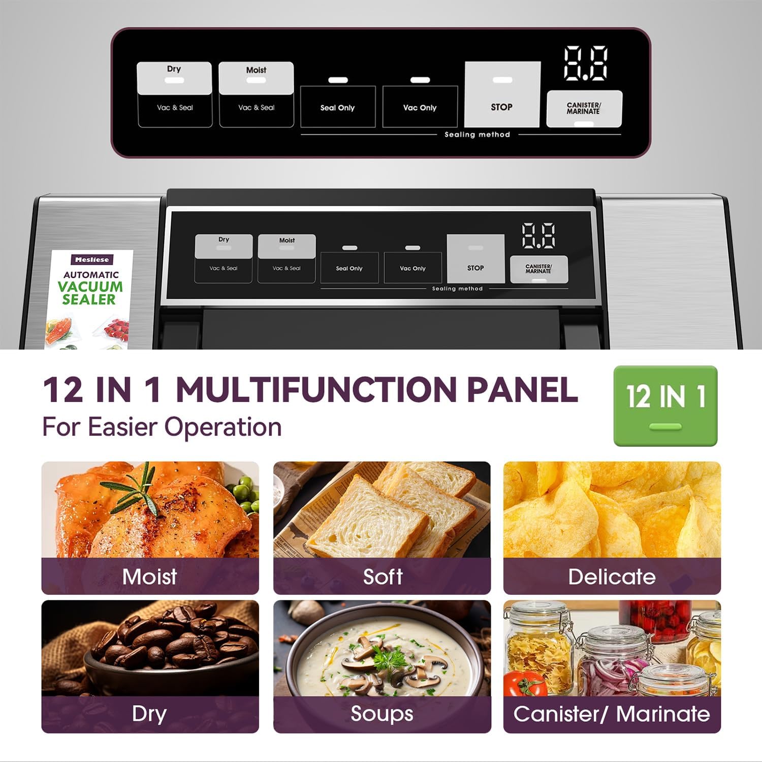 Mesliese - machine de scellage sous vide, 95kPa, 140W, double joint, cutter, affichage compte à rebours