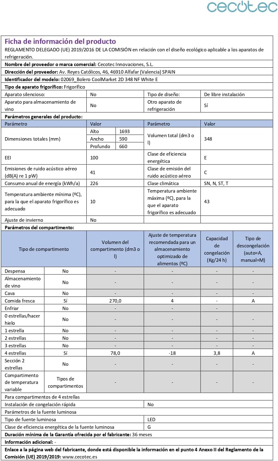 Cecotec - Bolero CoolMarket 348 - 348L, NoFrost, Inverter, classe E - 348NFWHITE