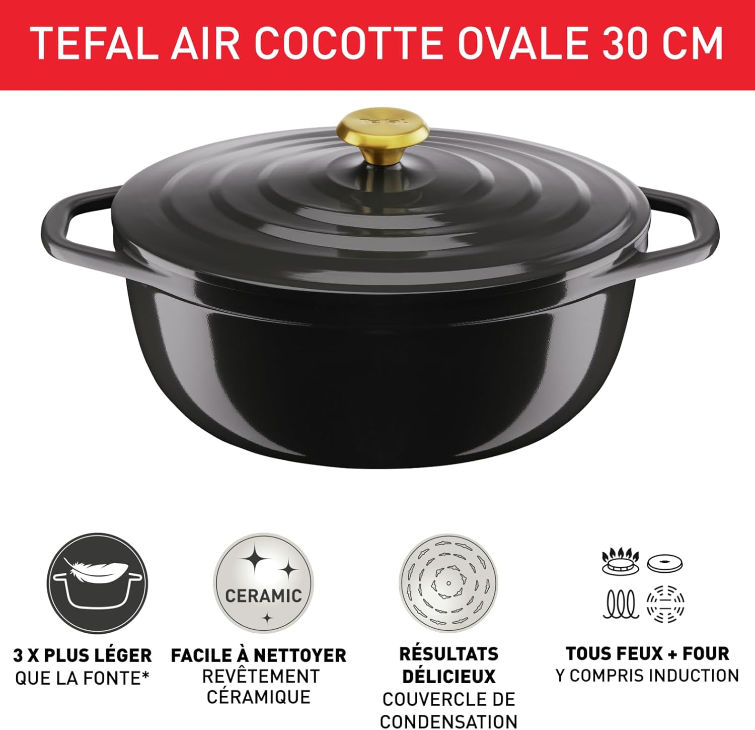 Tefal - cocotte ovale Air - 30x23cm, 5,7L, fonte légère, couvercle, E2558904