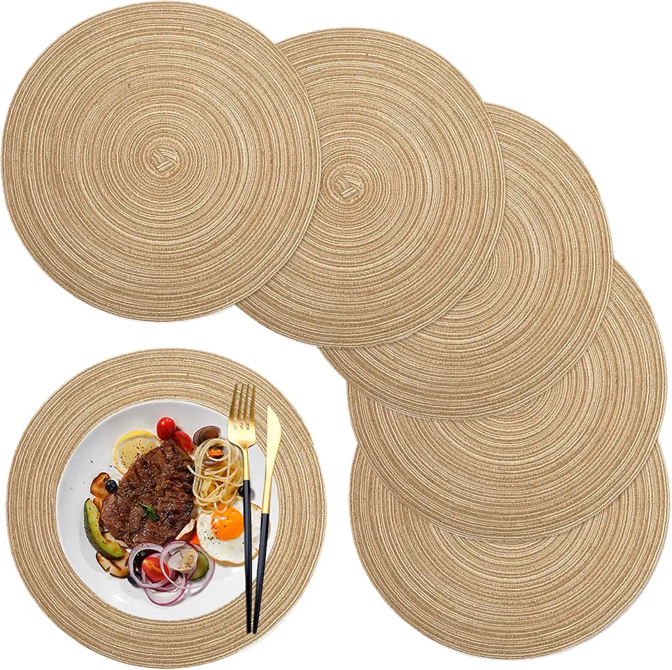 Sets de table ronds - PP tressé, 36cm - lot de 6, lavables, couleur café