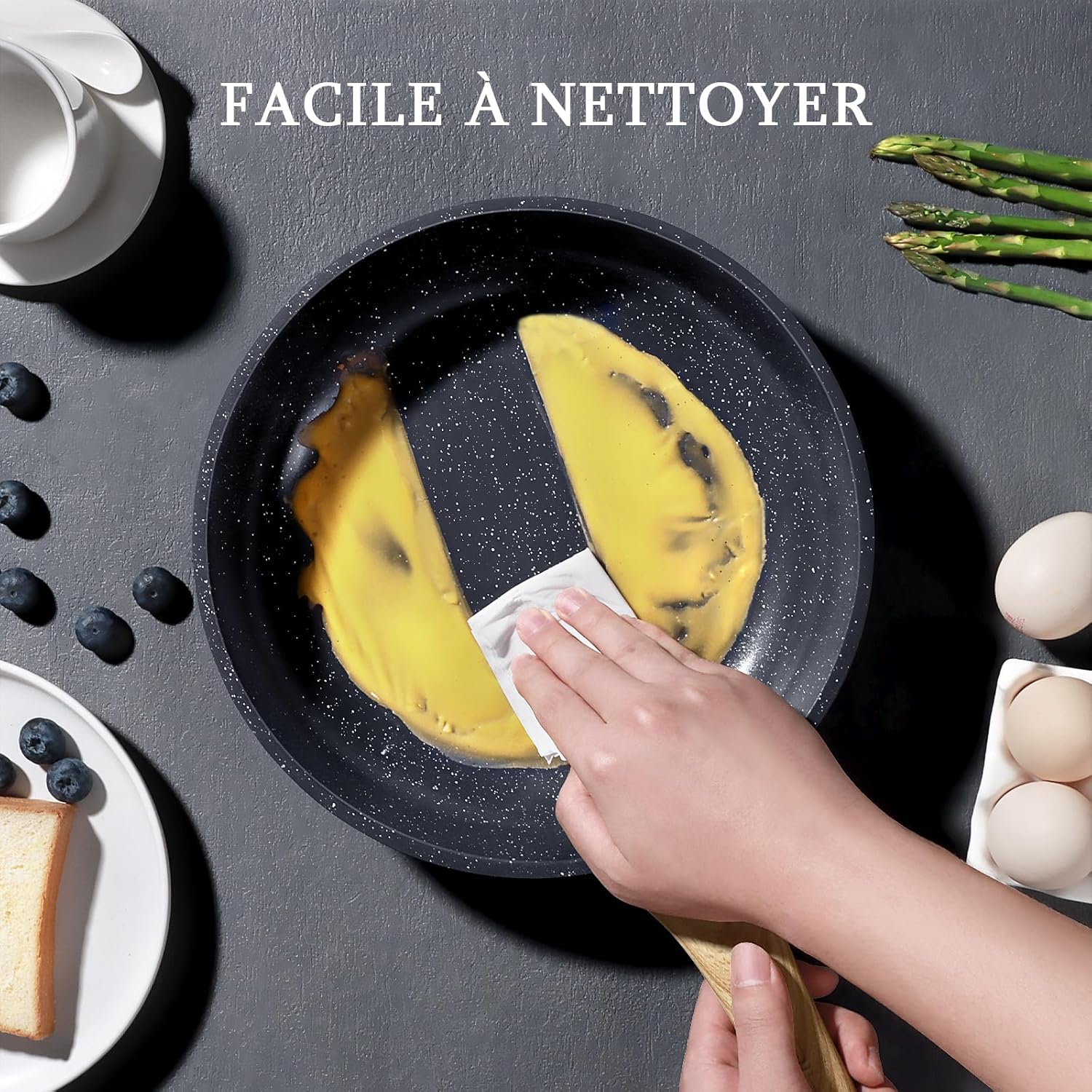 GiPP 3PCS Set de Poêles Antiadhésive en Granit – Poêle à Frire Saine et Non Toxique, Compatible Induction, Sans PFAS ni PFOA, Passe au Lave-Vaisselle, Manche Reste Froid(Gris,24+26+28cm)