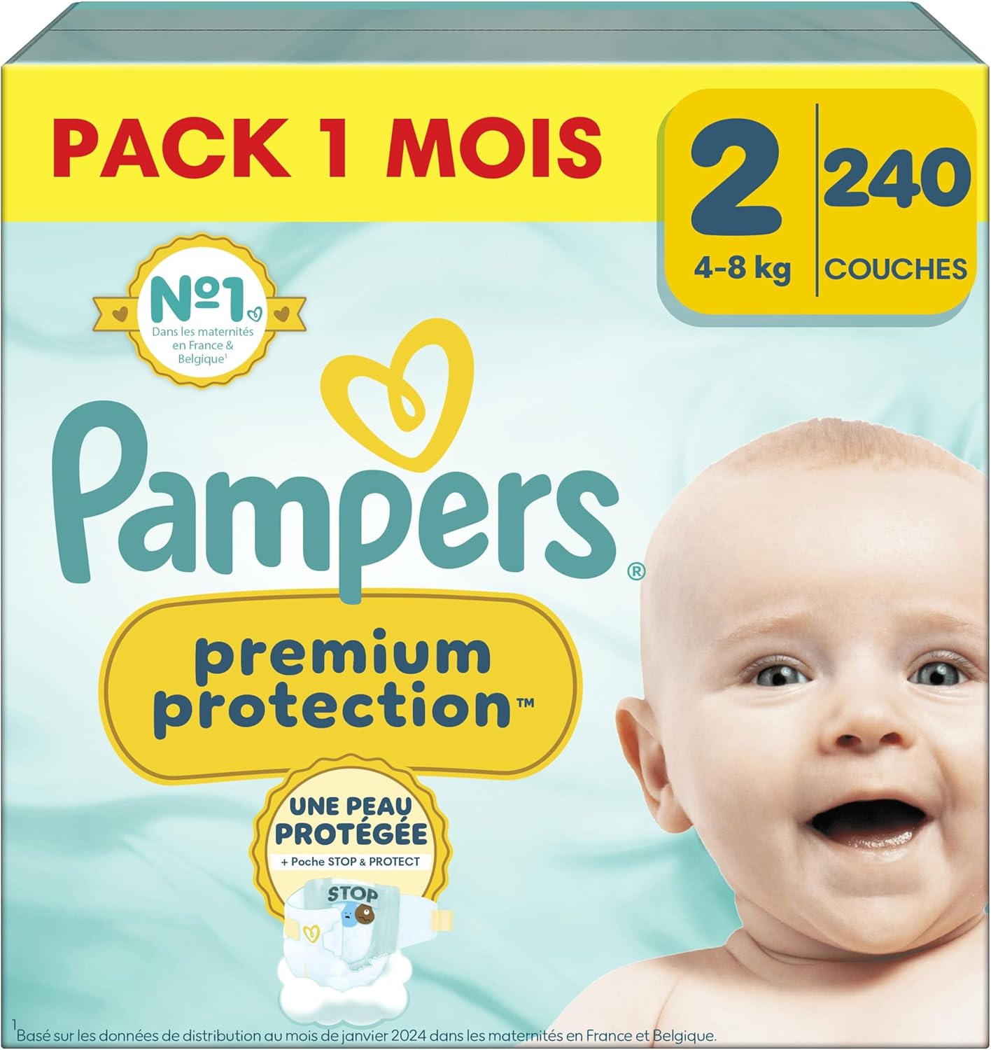 Pampers - Premium Protection taille 2 - 4-8kg - 240 couches, double protection fuites et peau