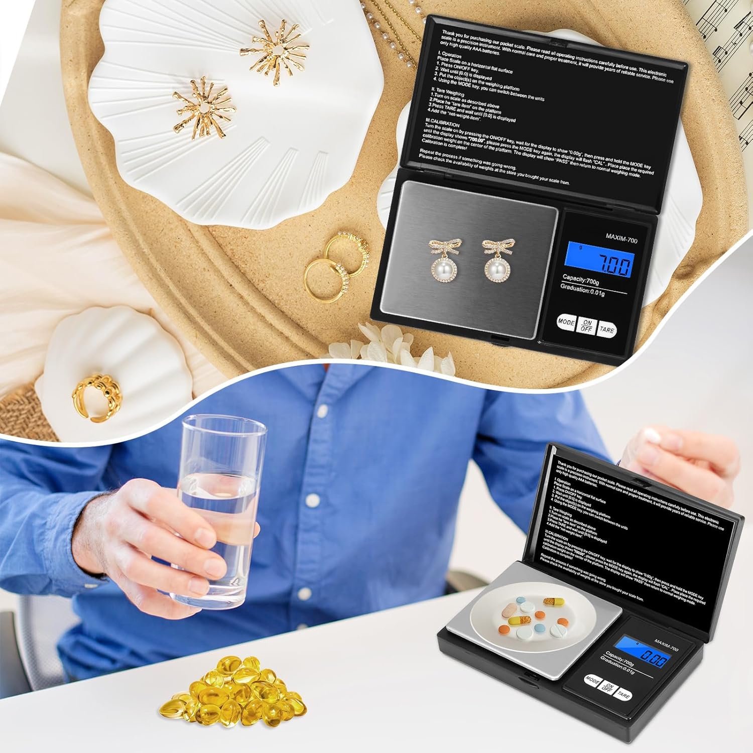 Oderra - Balance de précision portable 700g/0.01g, écran LCD, piles incluses