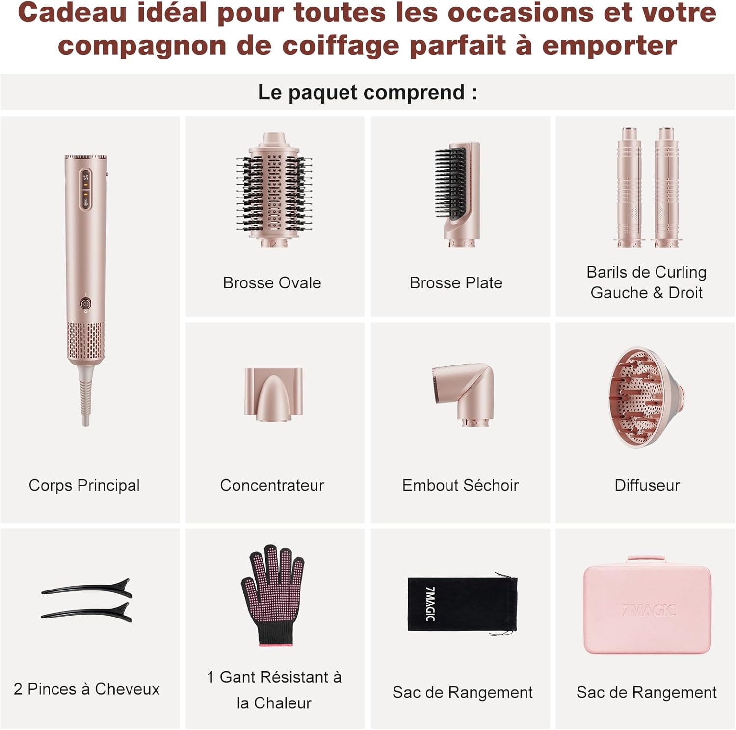 7MAGIC - Air Styler multifonction 7 en 1 - sèche, lisse, boucle, ions, avec boîte de voyage