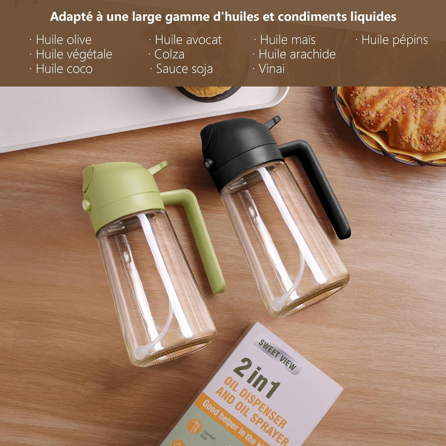 Flacon pulvérisateur d’huile - verre 470ml - 2 en 1 distributeur, cuisine, barbecue, air fryer