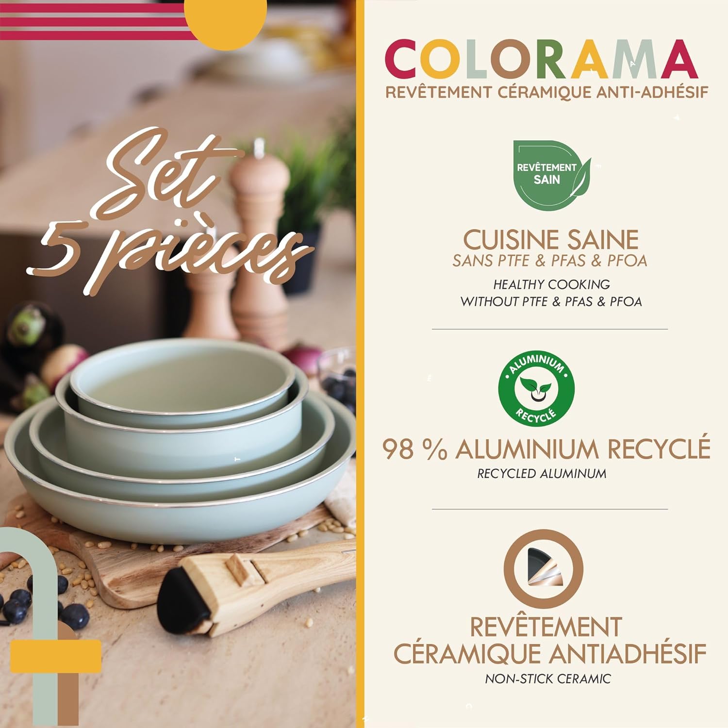 MENASTYL - Colorama - 2 poêles, 2 casseroles, poignée - céramique induction, sans PFAS