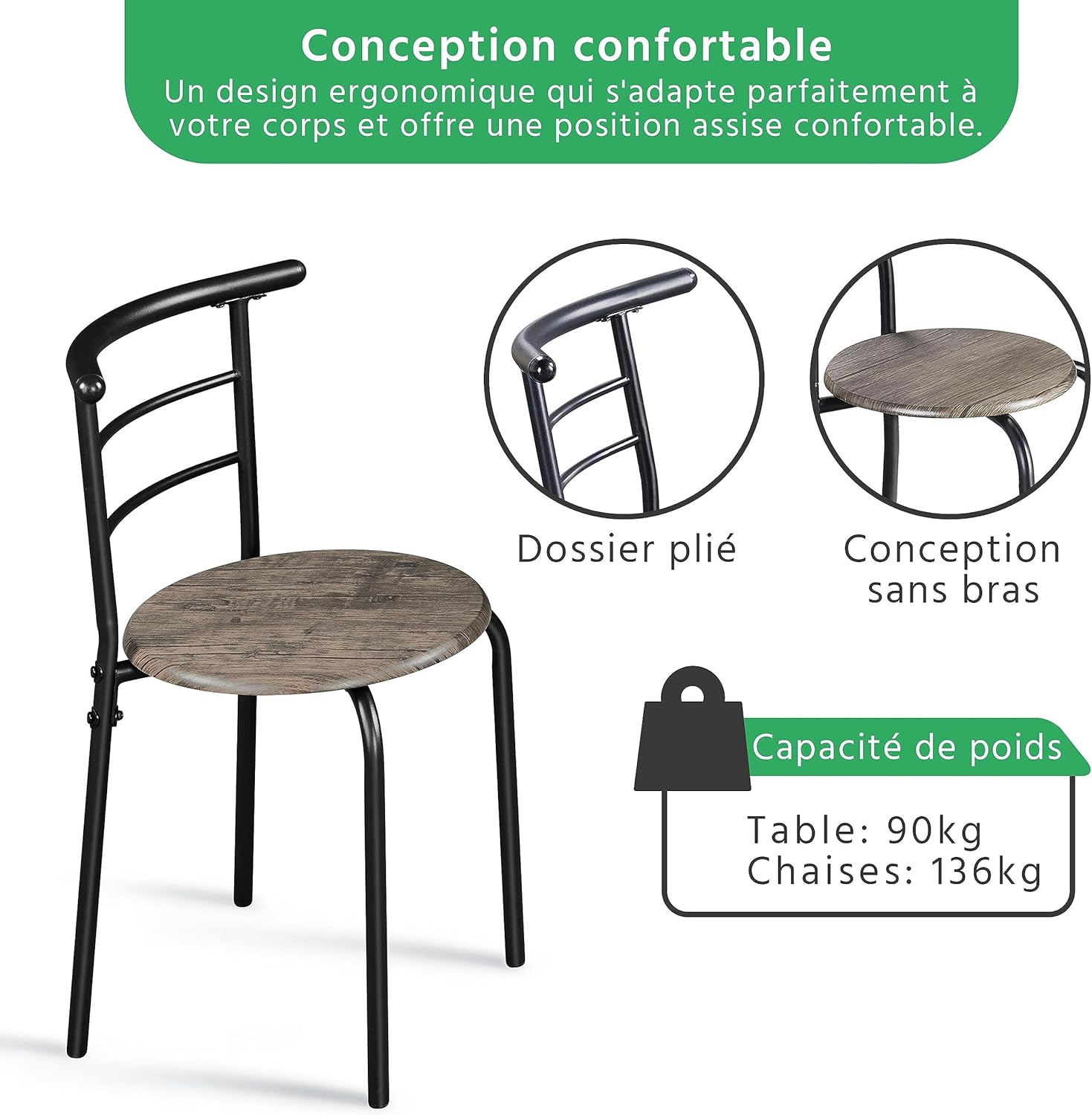 Yaheetech - Table ronde + 2 chaises - 90x53x75,5 cm - Bois métal compact