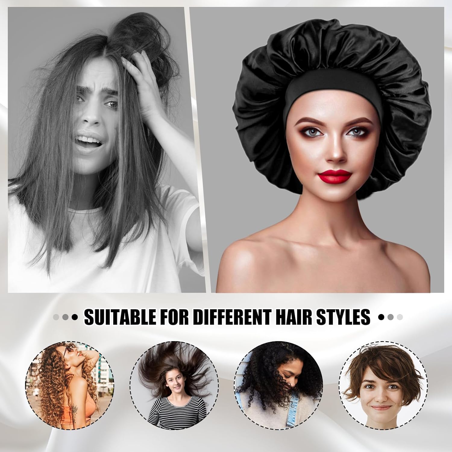 Bonnet satin cheveux nuit - élastique, soin capillaire, soie, protection nuit