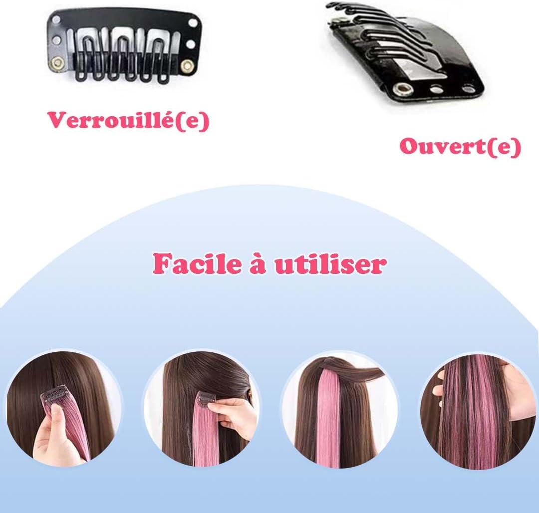 Extensions de cheveux – lot 12 pcs – rose vif – clips réutilisables