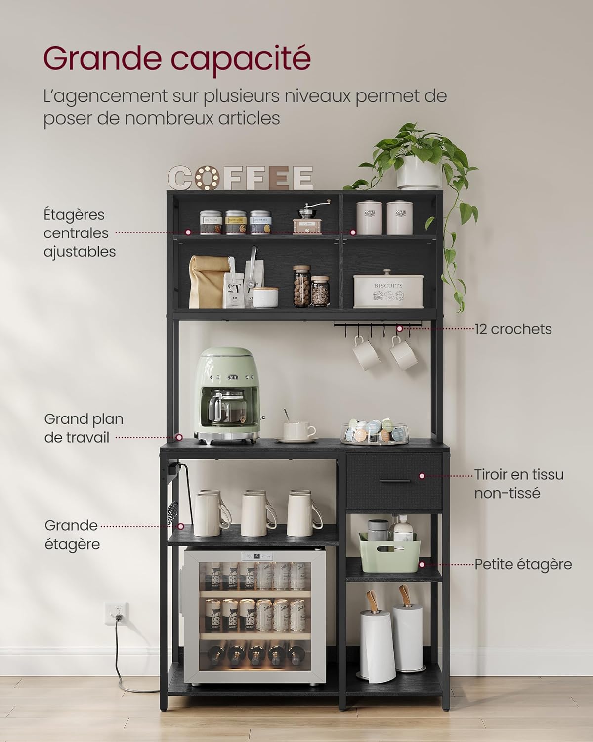 VASAGLE - étagère cuisine, 100x40x180 cm, multiprise, tiroir tissu, KKS027B02