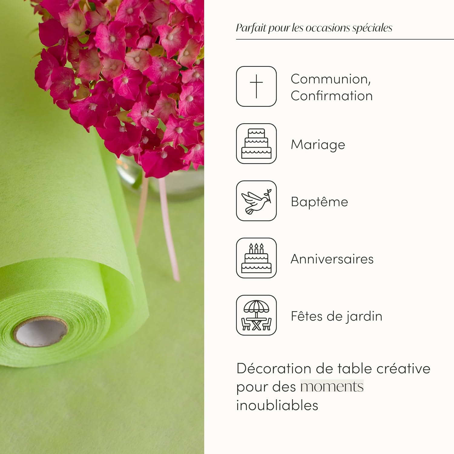 100%Mosel - chemin de table non-tissé - 30x2500cm - vert pastel, décor anniversaire, mariage