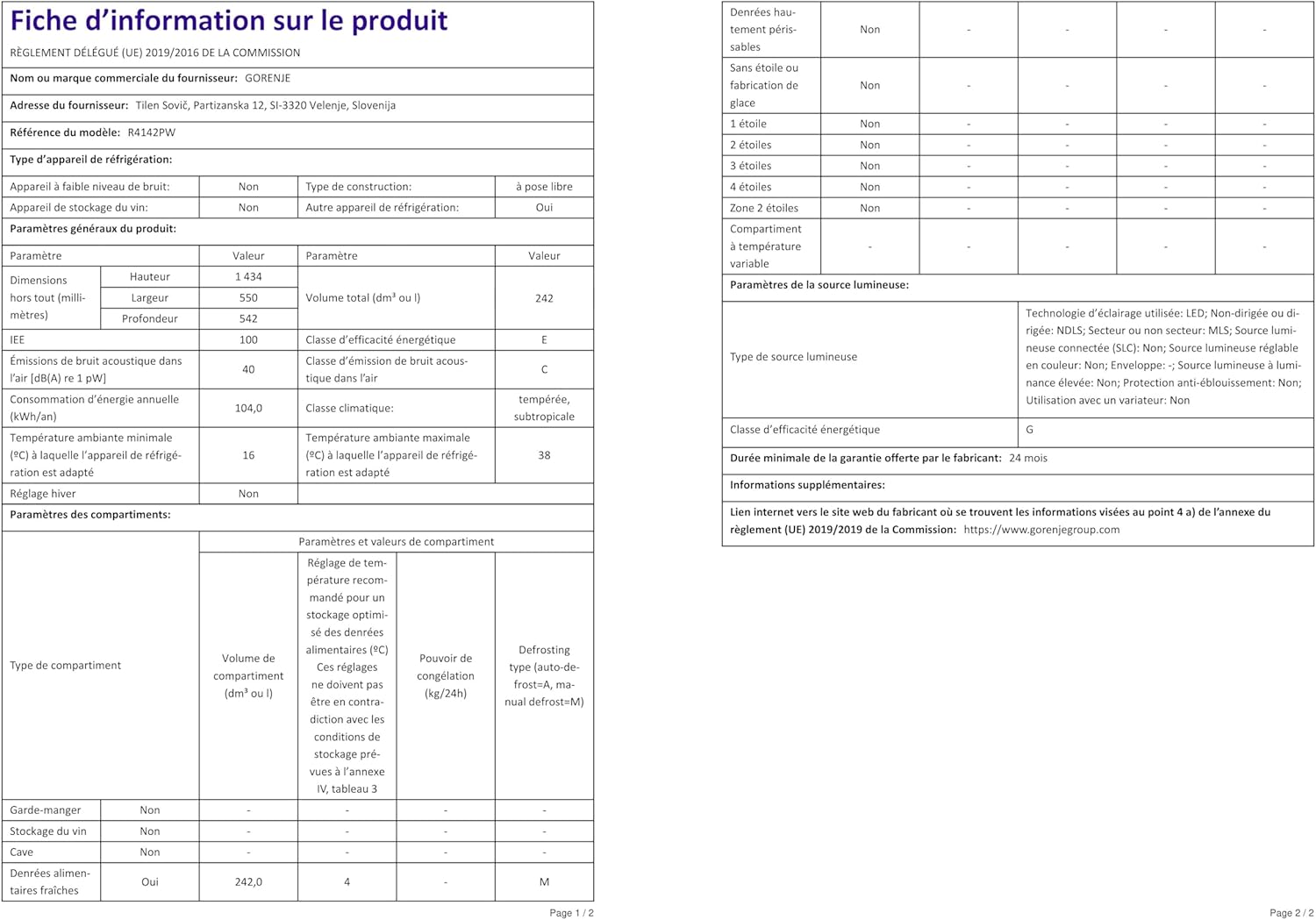 Gorenje - R4142PW - 242 L Autoportant, classe E, couleur blanche, R4142PW