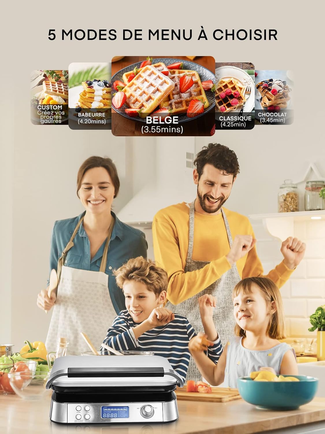 Gaufrier double, inox, 2 tranches, 5 programmes, LED, 7 niveaux