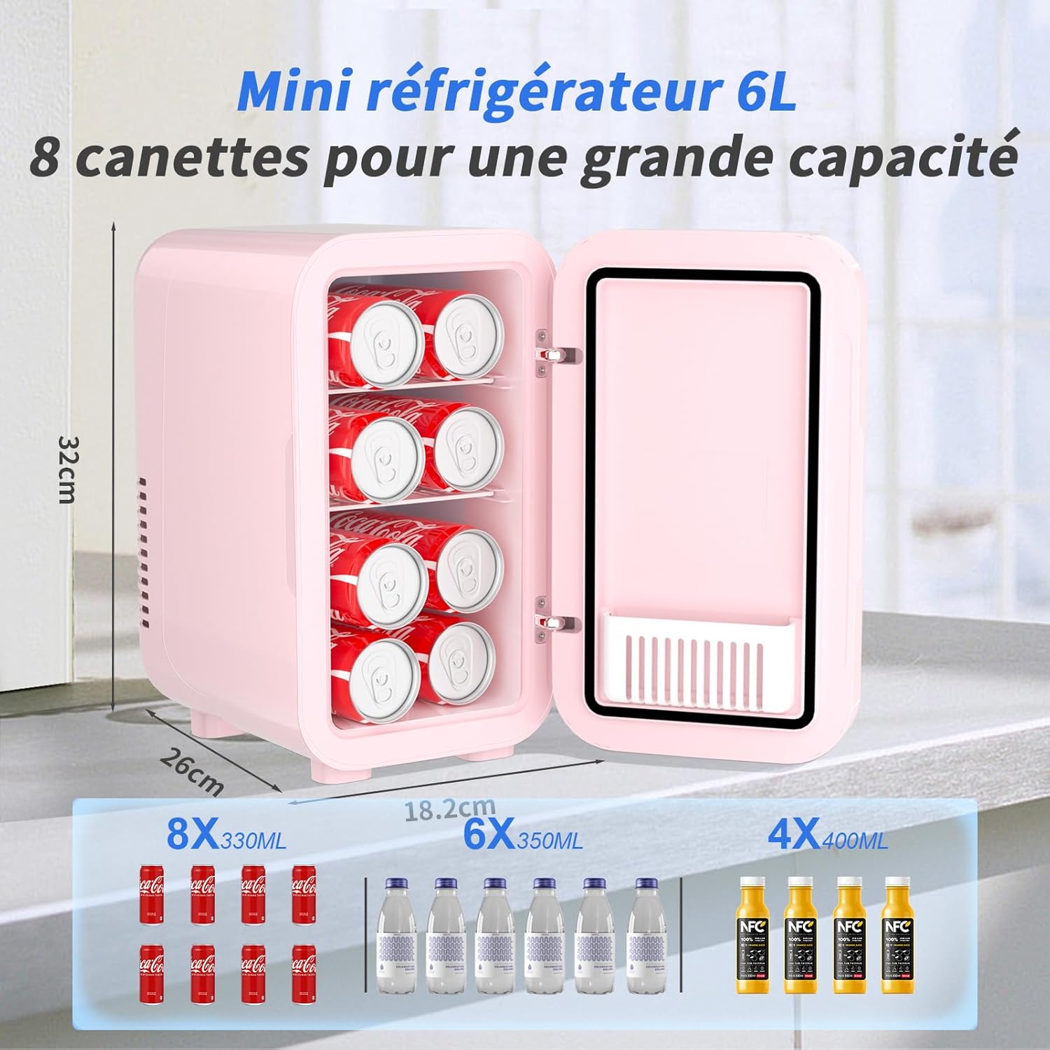 YASHE - Mini réfrigérateur 6L - portable AC/DC, 8 canettes, rose