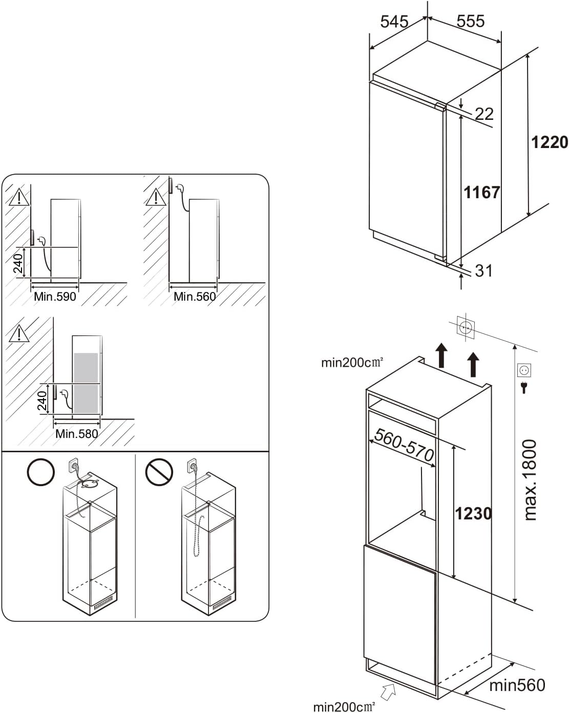 Réfrigérateur encastrable 122 cm, 188L, porte réversible, ultra silencieux