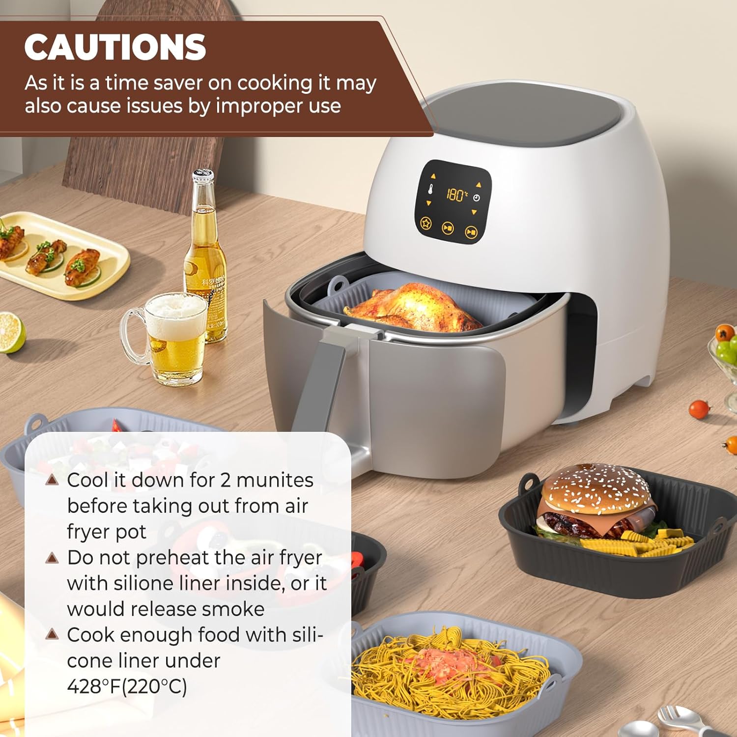 Diboniur - moule silicone pour air fryer - 21 cm - lot de 2, réutilisable, gris et noir