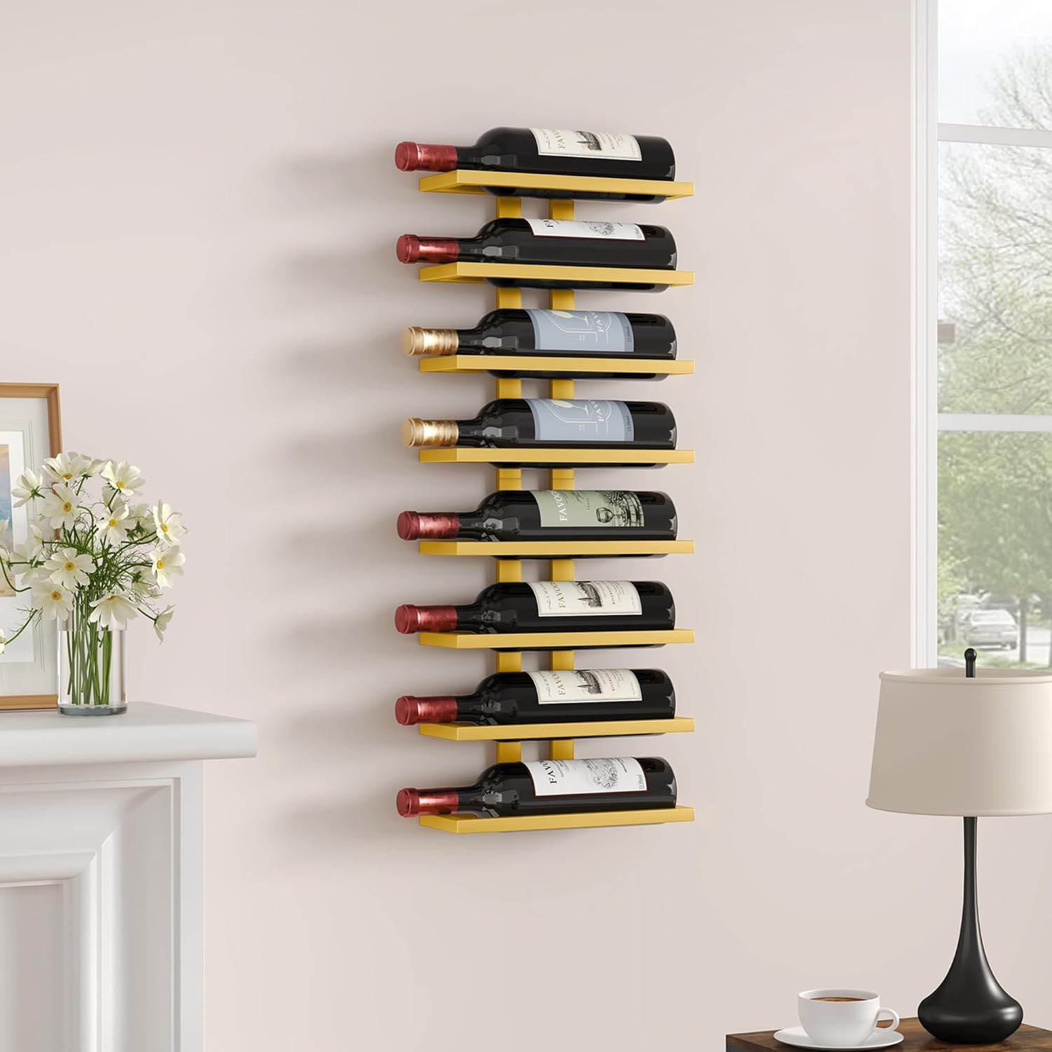 FAVOOSTY - Porte-bouteilles mural 8 niveaux métal, doré, 80x20 cm