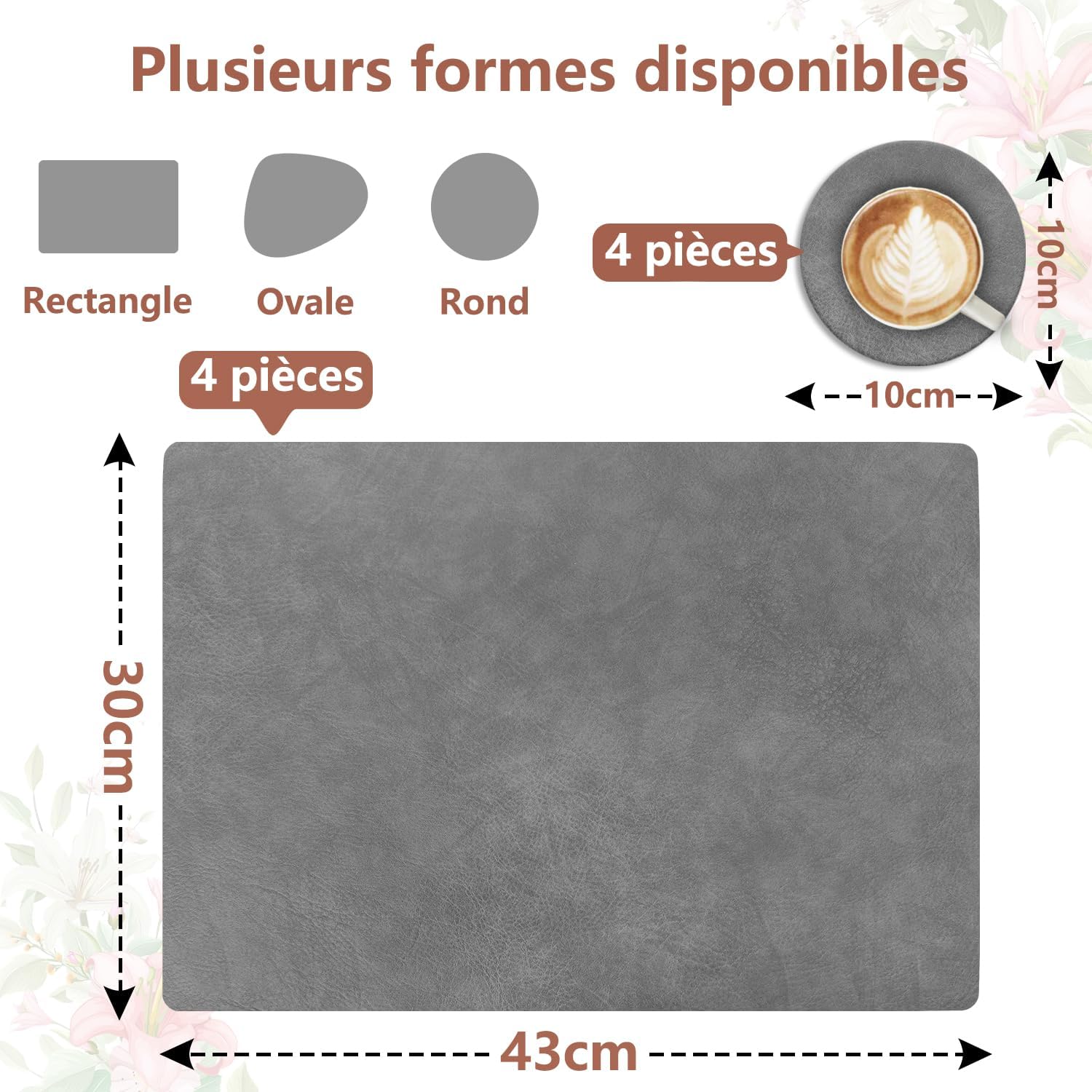 Set de table - cuir PU double face 43x30cm - lavables, antidérapants, lot de 4