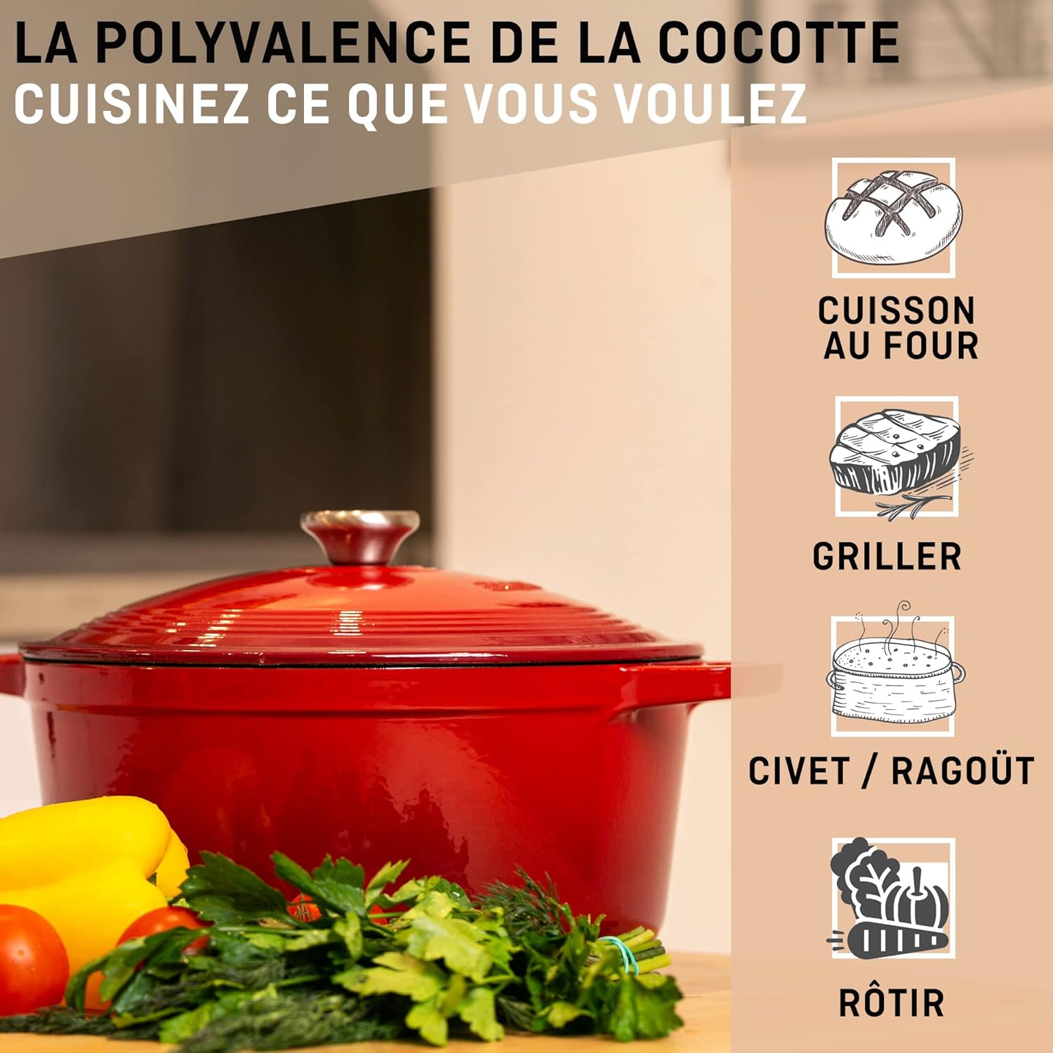 VeoHome - cocotte fonte émaillée 6L Ø28cm - induction/gaz/four, cuisson homogène, couvercle relief