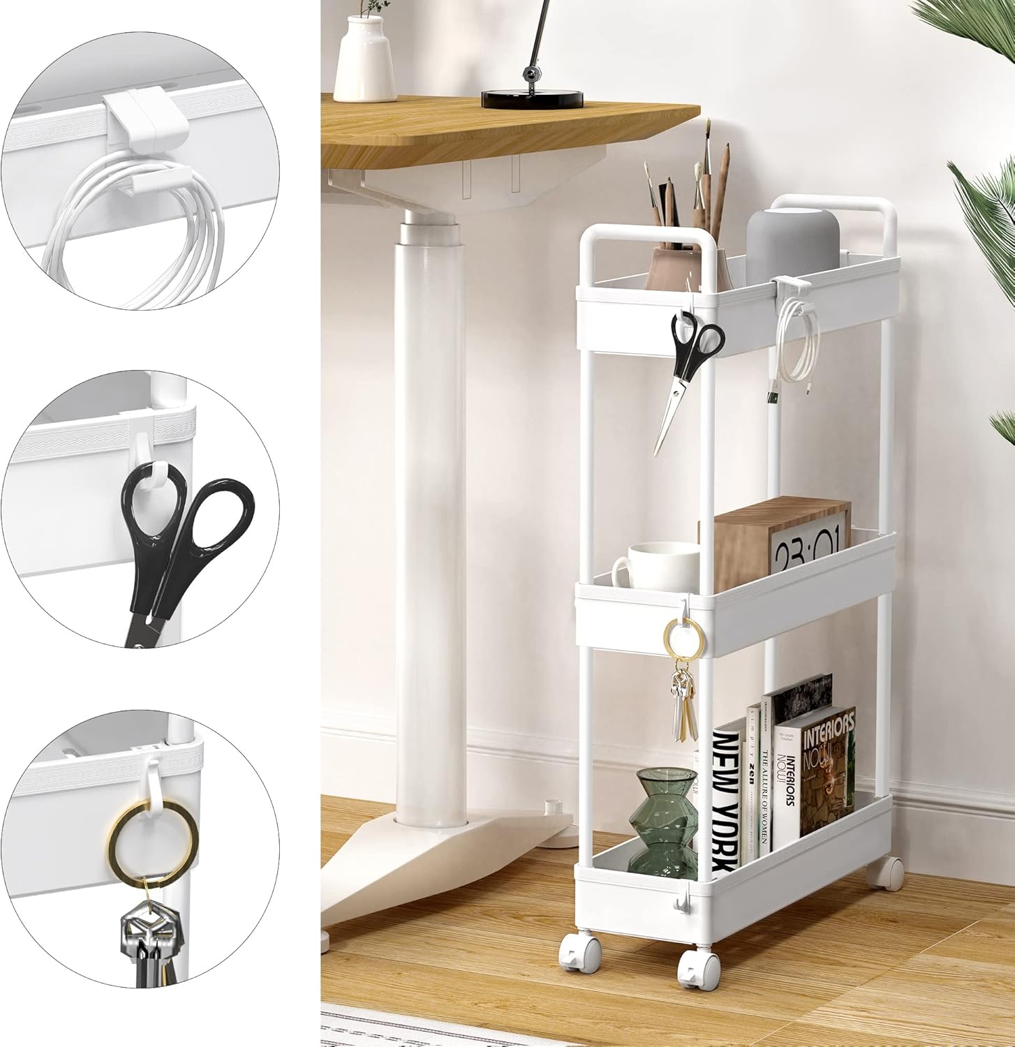 SOLEJAZZ - chariot 3 étagères, plastique, blanc, rangement étroit