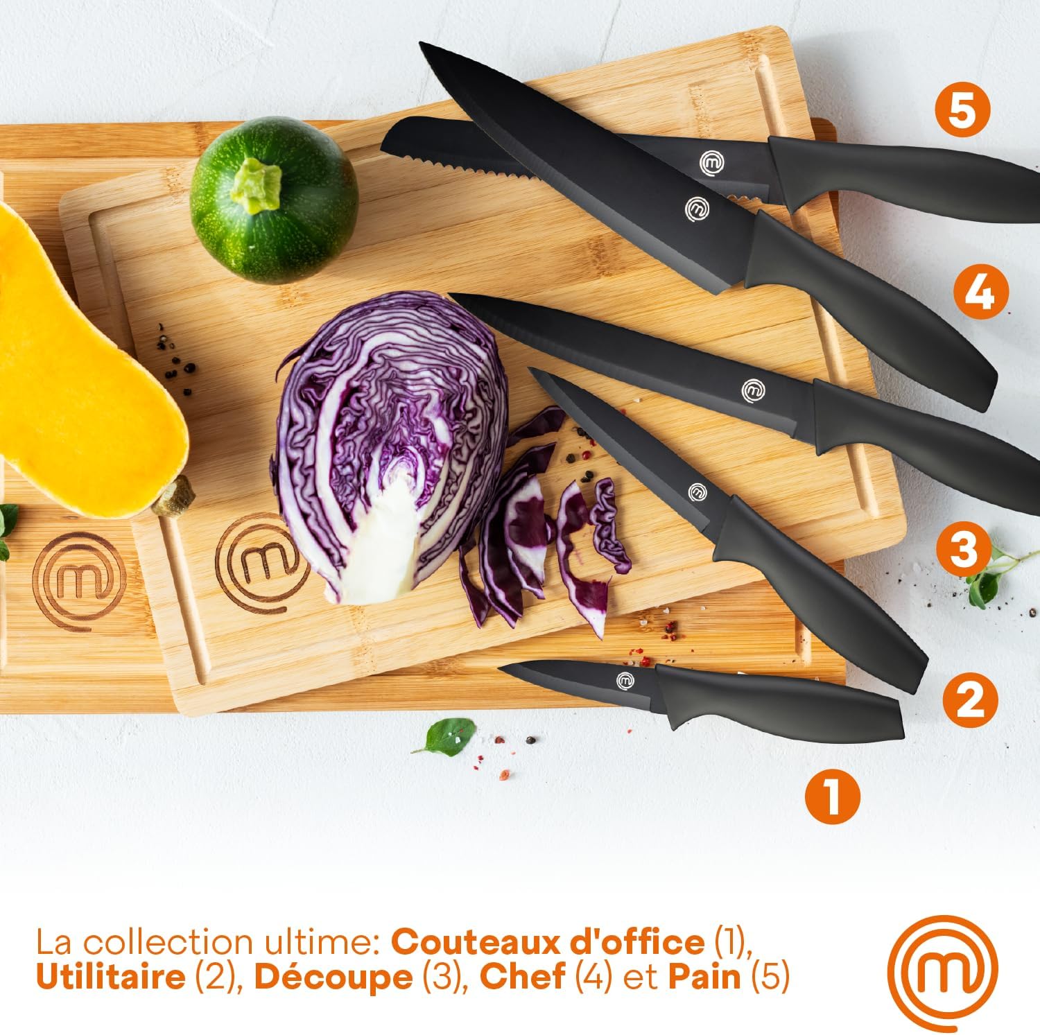 MasterChef - Bloc couteaux cuisine - inox, lame chef, manche ergonomique