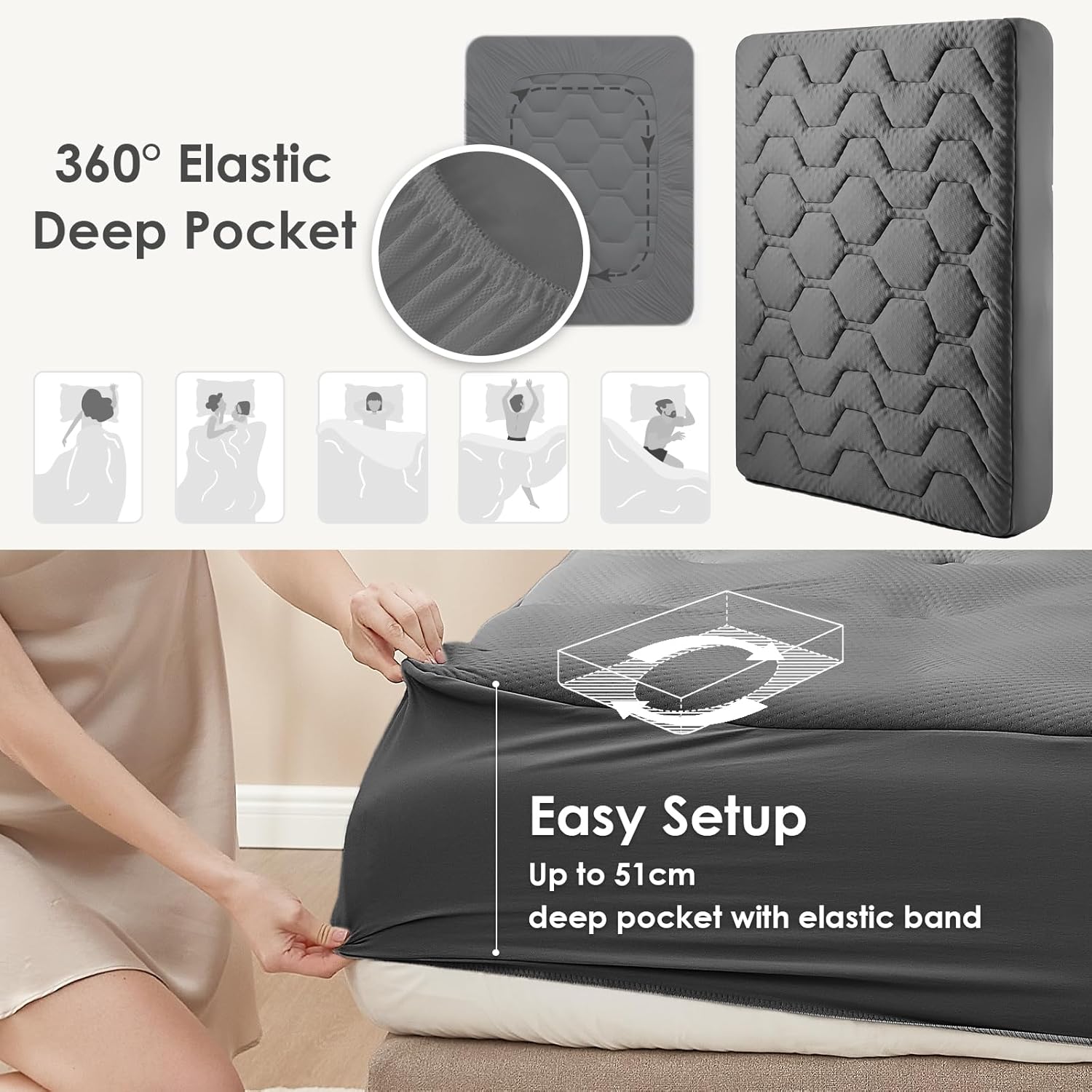 EHEYCIGA - Surmatelas mémoire de forme 180x200 - poche profonde, rafraîchissant, gris foncé